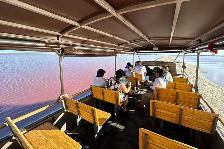 Touristen sitzen in einem Safari-Truck, der an einem leuchtend rosa See entlangfährt.